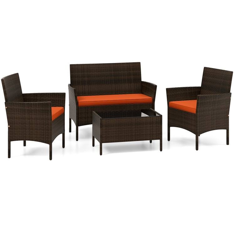 4 Piece Outdoor Rattan Patio Set with Cushions and Glass Table - 39.5" x 22.5" x 32" - Orange-Mix Brown