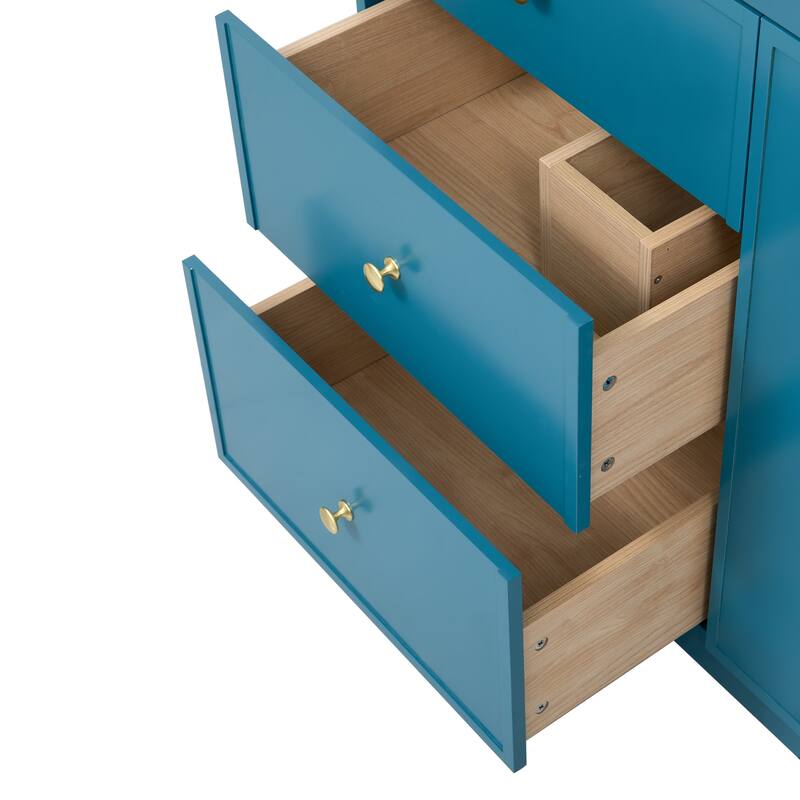 30" Blue Bathroom Vanity with Sink, 2 Soft-Close Drawers and Side Drawer, Freestanding Storage Cabinet with Gold Metal Knobs