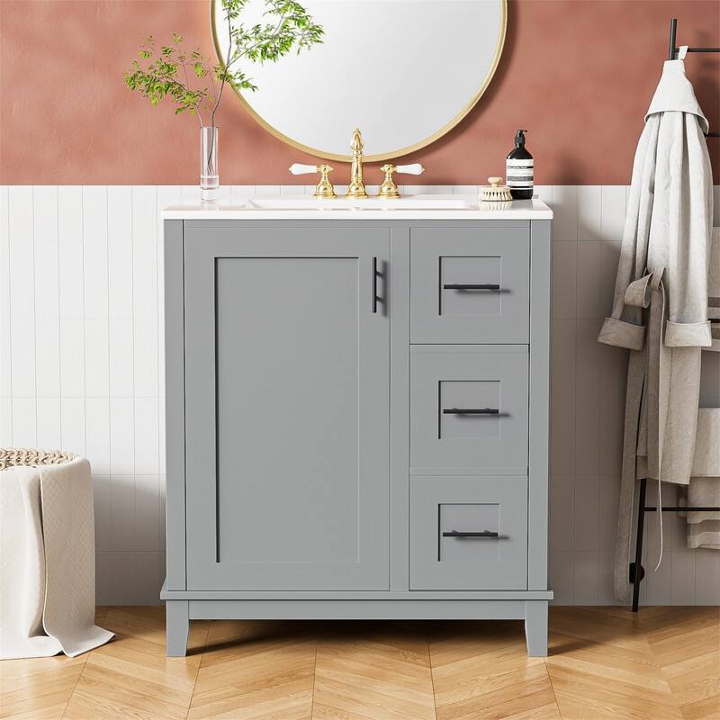 30'' Bathroom Vanity with Ceramic Sink, Freestanding Bathroom Vanity Cabinet with 3 Drawers, 1 Soft Close Door and Storage Rack