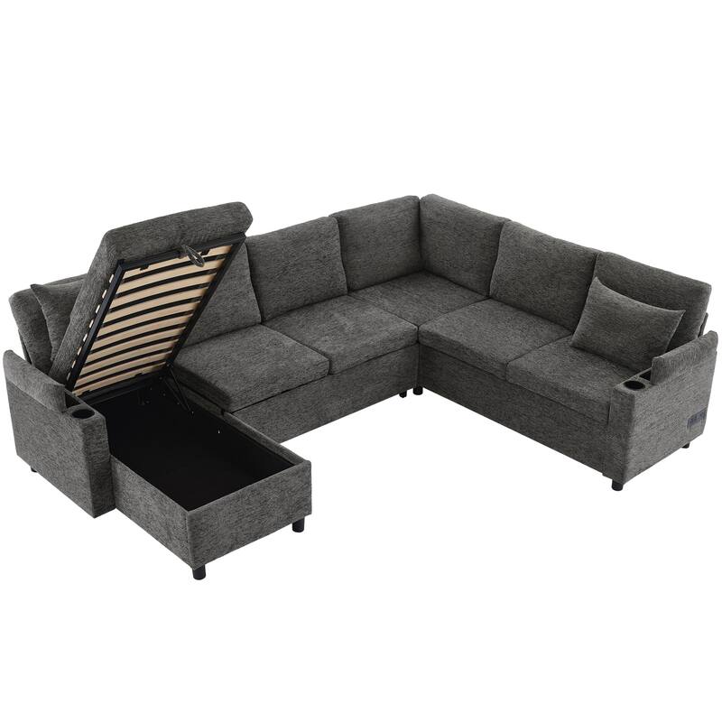 U-Shaped Chenille Sectional Sofa with Storage Chaise Lounge, Convertible Sleeper Sofa Bed with Cup Holders & Charging Ports