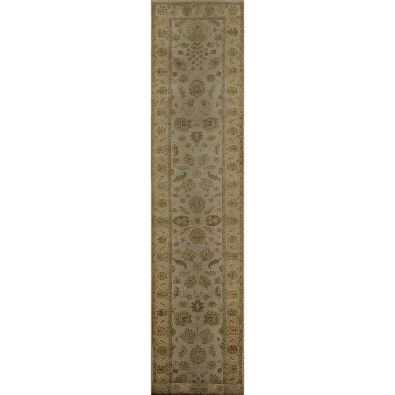 Hand Knotted Oriental 100% Wool Carpet Traditional Floral Beige & Ivories Peshawar Runner Rug - 13' 9'' X 2' 7''