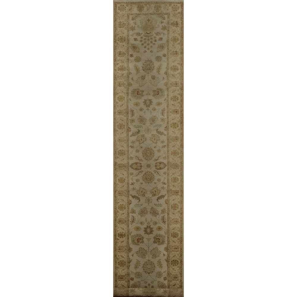 Hand Knotted Oriental 100% Wool Carpet Traditional Floral Beige & Ivories Peshawar Runner Rug - 13' 9'' X 2' 7''