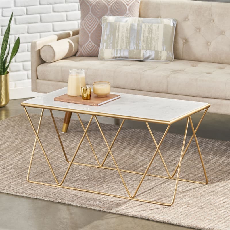 Sardis Modern Glam Handcrafted Marble Top Coffee Table by Christopher Knight Home - 37.00" L x 19.00" W x 18.00" H