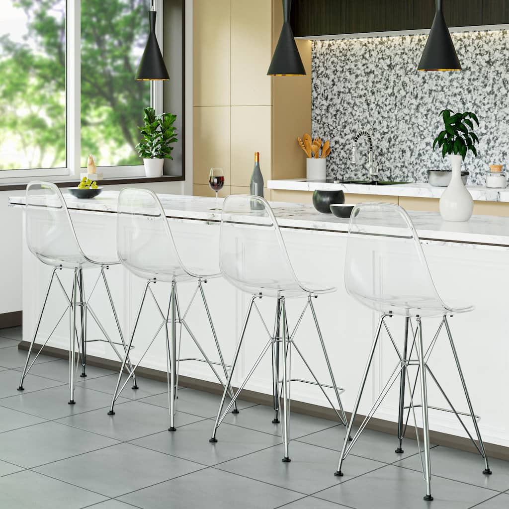 Cresco Set of 2 Modern Acrylic Shell Barstool with Hand-Brushed Chrome Legs and Ergonomic Seat