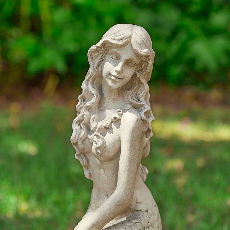 Glitzhome Faux Granite Mosaic Sitting Elephant Sea Horse Mermaid Garden Statue Ocean Figurine