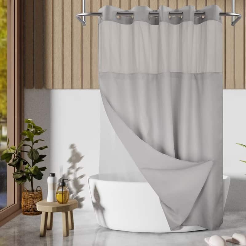 No Hook Slub Linen Texture Shower Curtain with PEVA Snap-in Liner