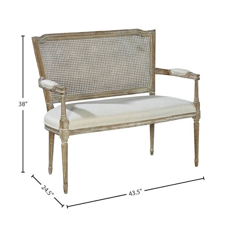 Vineland Victorian Oak & Cane Settee with Linen Upholstery