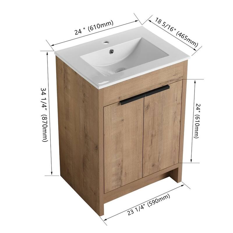 24", 30", 36" Freestanding Bathroom Vanity with White Ceramic Sink & Soft-Close Doors
