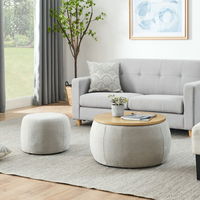 Round Storage Ottoman, 2 in 1 Function, Work as End table and Ottoman,with small seat - Light Grey