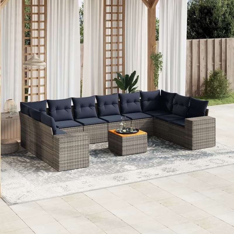 vidaXL 11 Piece Patio Sofa Set with Cushions Gray Poly Rattan - 135.4x33.5x78.7