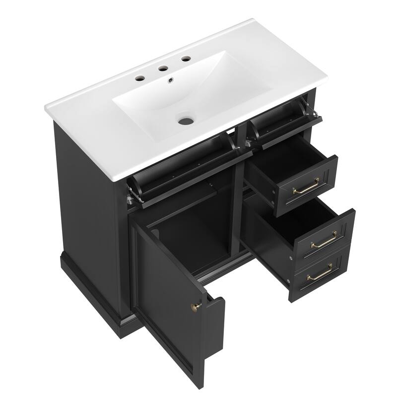 36" Bathroom Vanity with Sink, Ceramic Sink, 2 Tip-out Drawers, Soft Close Door Hinges, Black