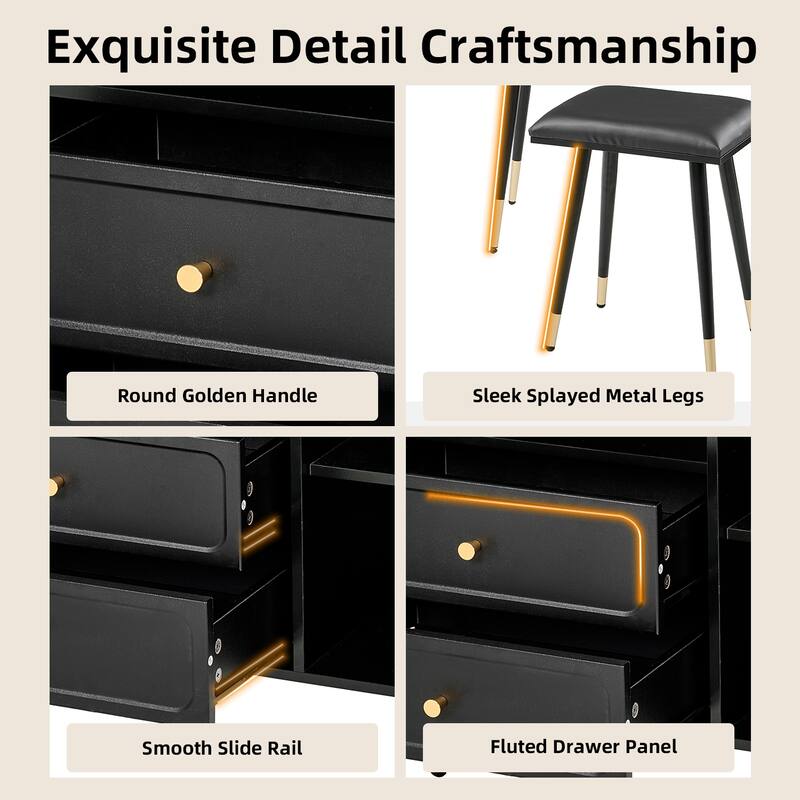 Modern Makeup Vanity Set with PU Cushioned Stool, Retractable Dressing Table Vanity Desk with Mirror, Light & Power Outlet