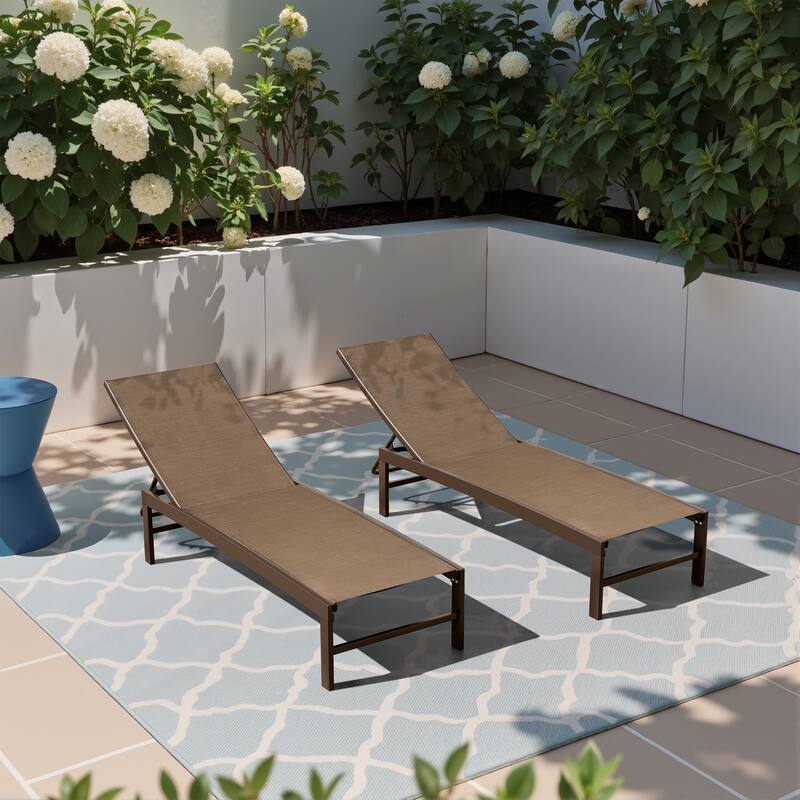 Outdoor Pool Lounger Aluminum All-weather Adjustable Chaise Lounge Chair - See Picture - Brown Fabric, Brown Frame - Set of 2