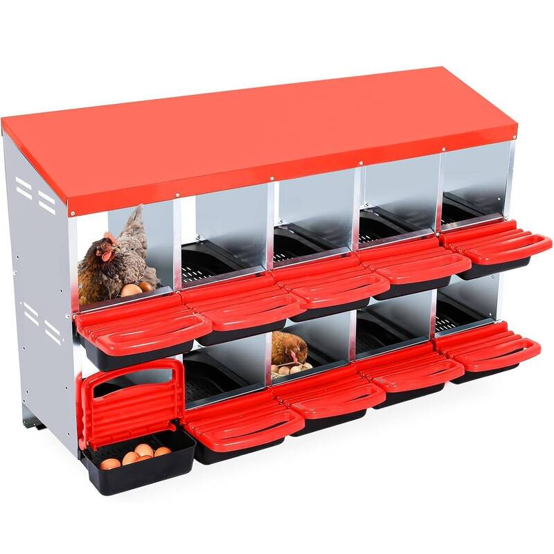 Nesting Boxes for Chickens with Lid Cover - Red 10 Compartments