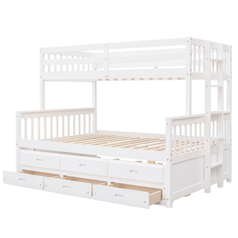 Twin-Over-Full Bunk Bed with Storage Drawers and Trundle, Solid Pine Wood, No Box Spring Needed, Playhouse Design