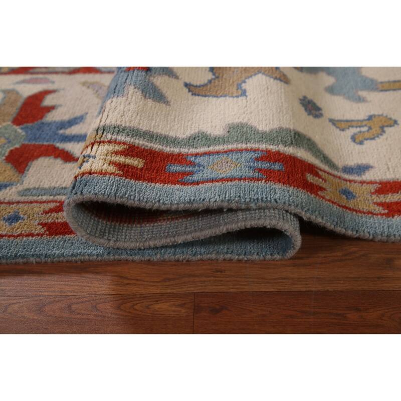 Light Blue Oushak Area Rug Hand-Knotted Floral Wool Carpet - 8'11"x 11'8"
