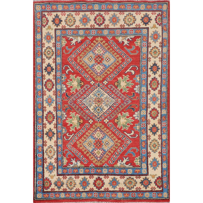 Geometric Orange Kazak Accent Rug Hand-Knotted Wool Carpet - 3'0" x 4'11"