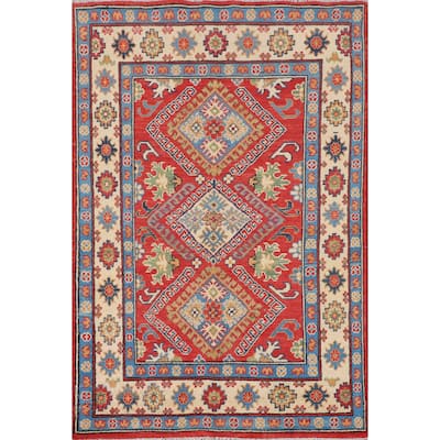 Geometric Orange Kazak Accent Rug Hand-Knotted Wool Carpet - 3'0" x 4'11"