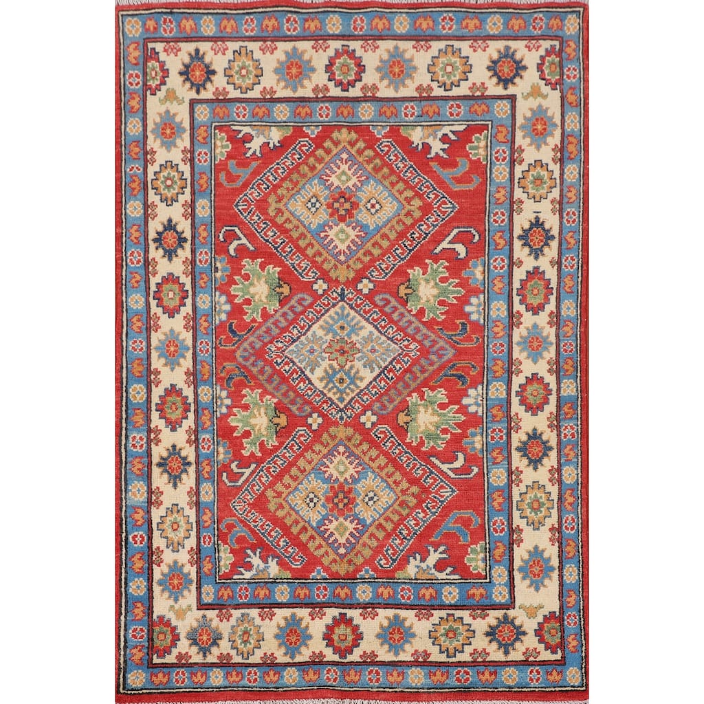 Geometric Orange Kazak Accent Rug Hand-Knotted Wool Carpet - 3'0" x 4'11"