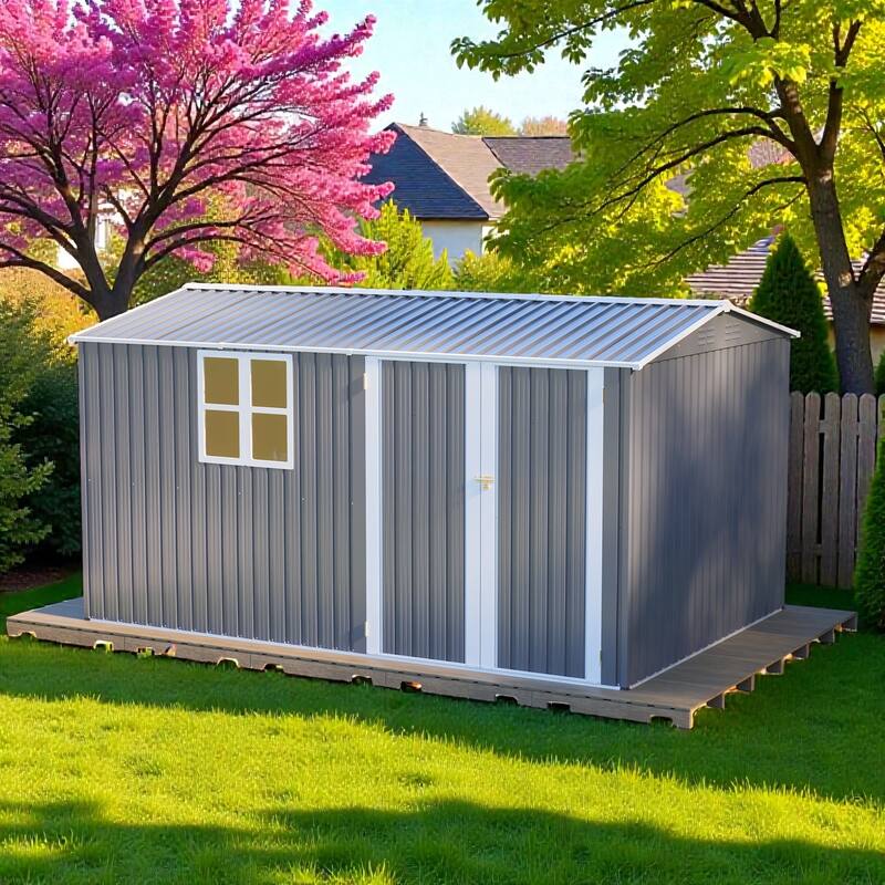 8x12 FT Outdoor Metal Storage Shed with Window, Lockable Hinged Doors and 4 Vents, Heavy Duty Steel Shed - Grey