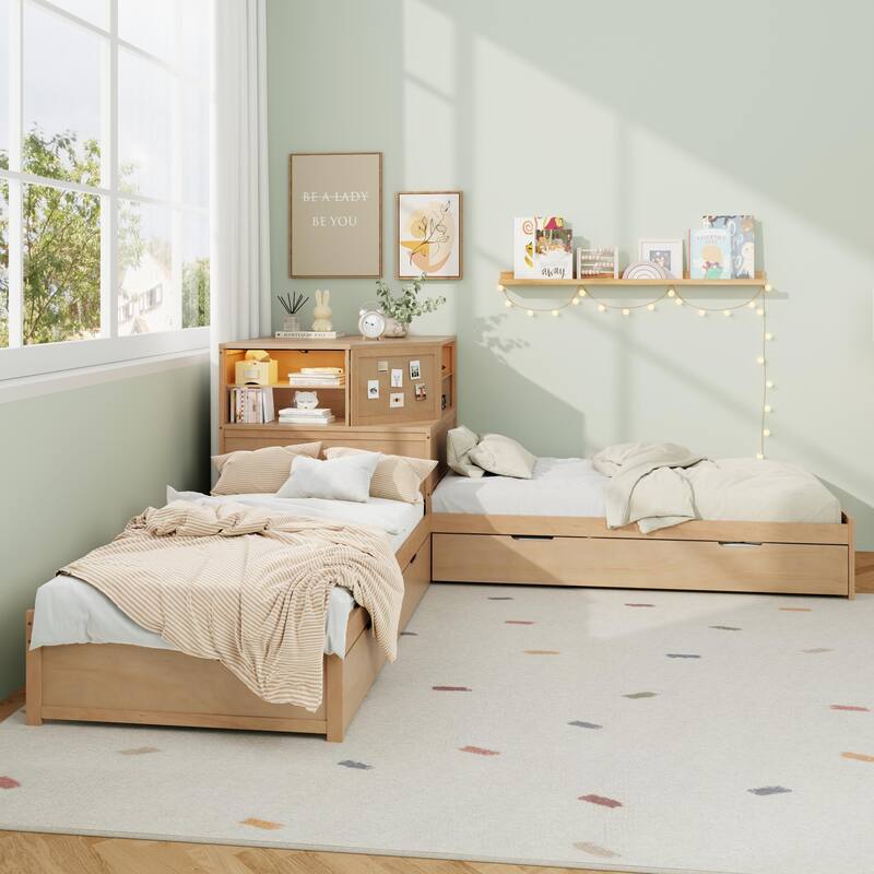 All-in-one Low Profile Platform Bed with Trundle and Drawer, Wooden Floor Bed Linked Corner Bed Built-in Desk and Led Downlight