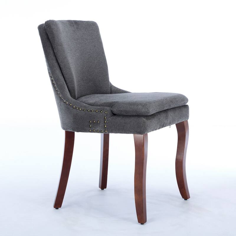 Double-layer Cushioned Dining Chairs Set of 2 Chenille Mid-Back Chair with Nailhead Trim Side Chair with Bent Wood Legs
