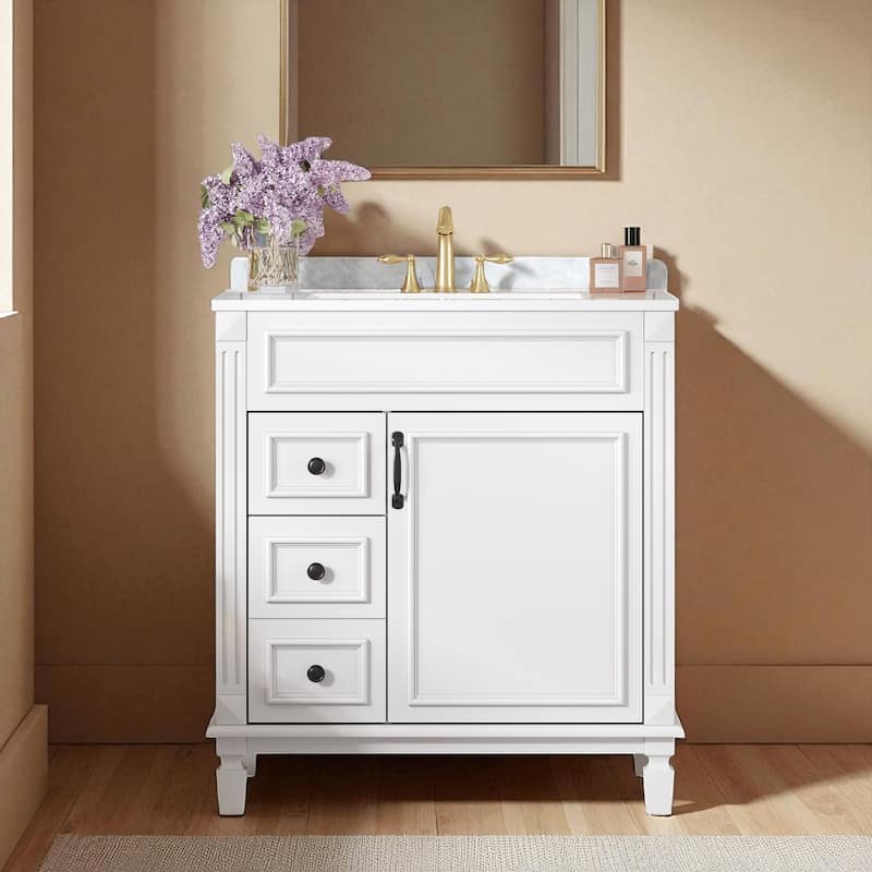 30" Bathroom Vanity with Ceramic Sink Combo, Freestanding Storage Cabinet with Drawers & Shelf, Modern Small Vanity - White