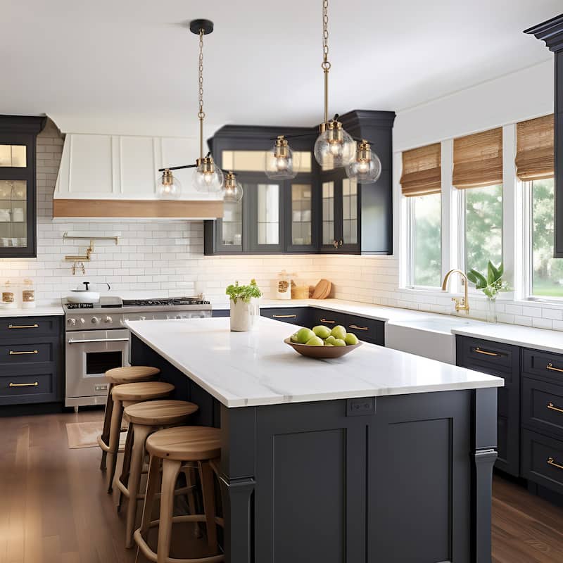 Modern 5-Light Black Gold Chandelier Seeded Glass Pendant Lights for Dining Room