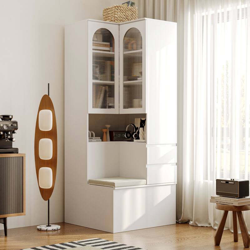 Entryway Cabinet Tempered Glass DoorsStorage Bench with Cushion, Modern Mudroom Hall Tree Organizer with Hidden Storage - 31.5"W(Corner)