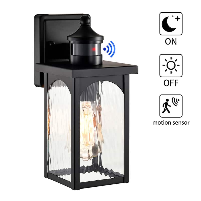 12 in. 1-Light Matte Black Motion Sensing Dusk to Dawn Outdoor Hardwired Wall Lantern Sconce with Clear Water Wave Glass