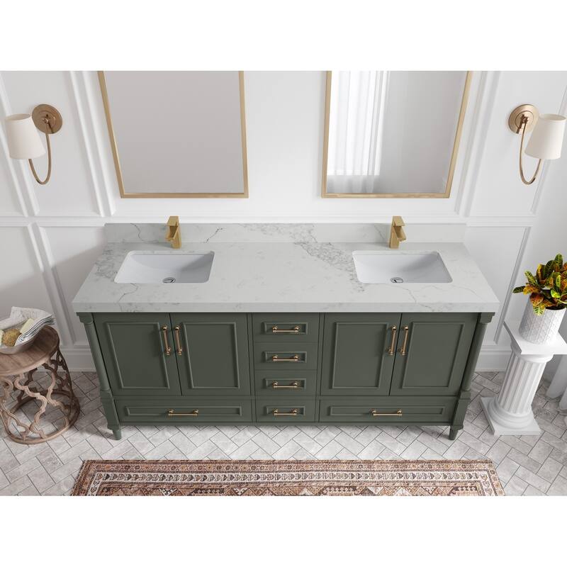 Willow Collections 72 in. W x 22 in. D Aberdeen Double Sink Bathroom Vanity with Countertops - 2" Calacatta Nuvo - Pewter Green