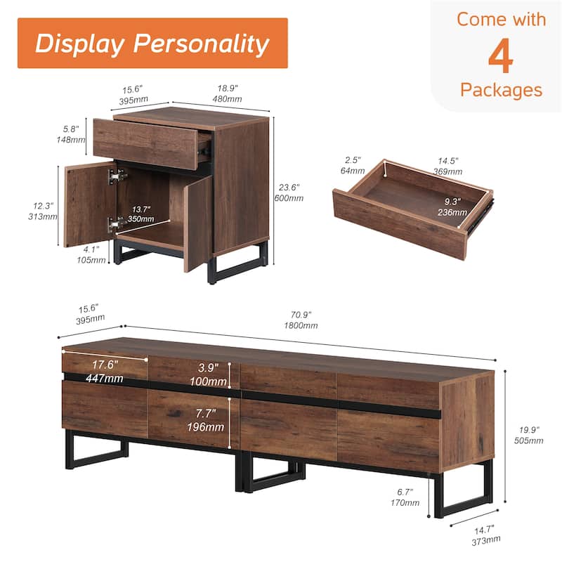 Modern TV Stand for TVs up to 70 Inches, 4-in-1 Entertainment Console with Storage Cabinets and 2 End Table, Media Cabinet