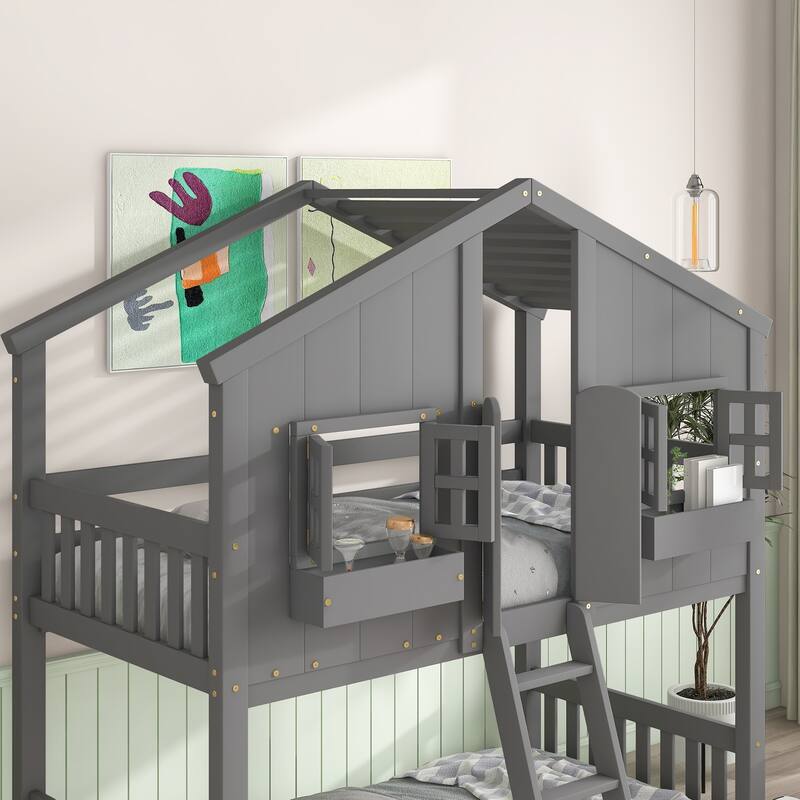 House Bunk Bed with Window, Door, and Safety Guardrails