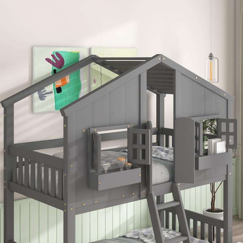 Twin over Twin House Bunk Bed - Roof, Window, Box, Door, Guardrails & Ladder