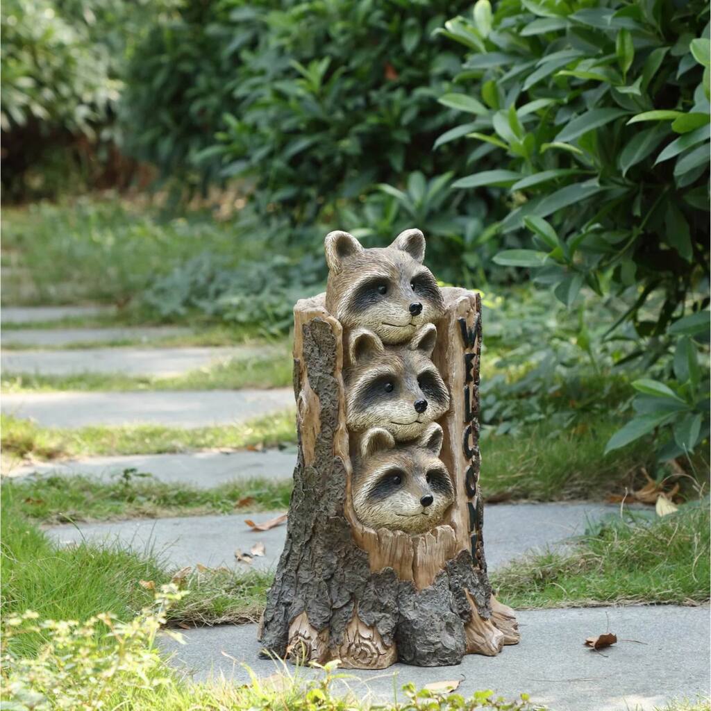 17" Brown Black Three Raccoons a Tree Trunk Welcome Sign Garden Statue