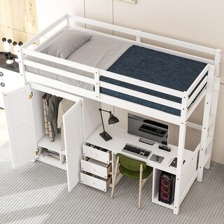 Kid Friendly Twin Size Loft Bed with Wardrobe, Desk & Storage Drawers