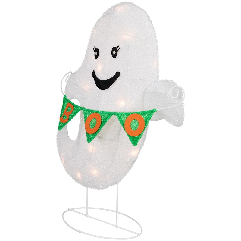 25" Lighted LED Ghost with "Boo" Banner Halloween Yard Decoration