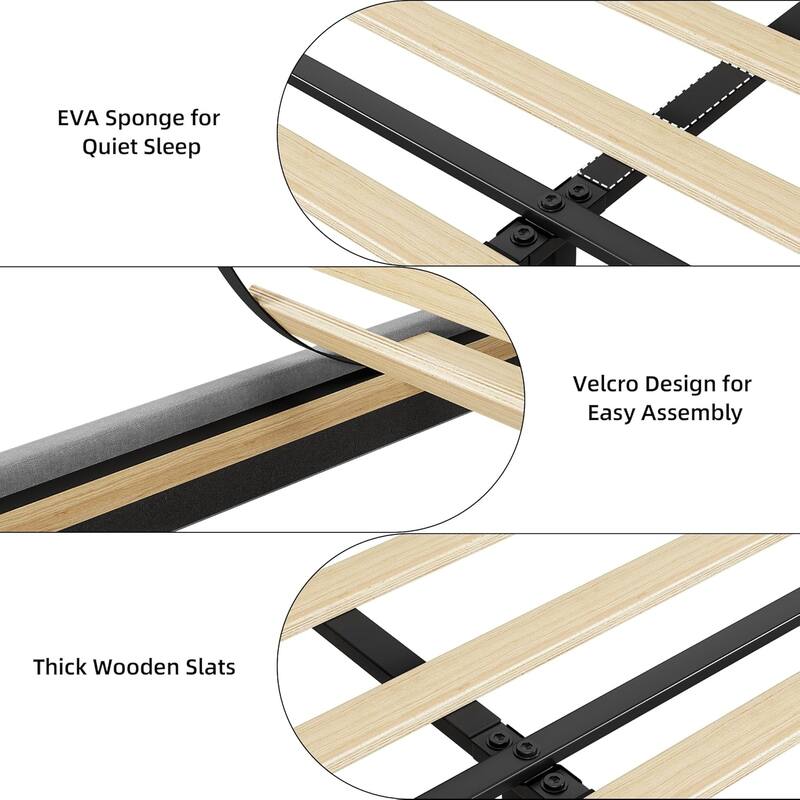 Upholstered Platform Bed with Storage Headboard, Drawer & Charging Station, Wood Slat Support
