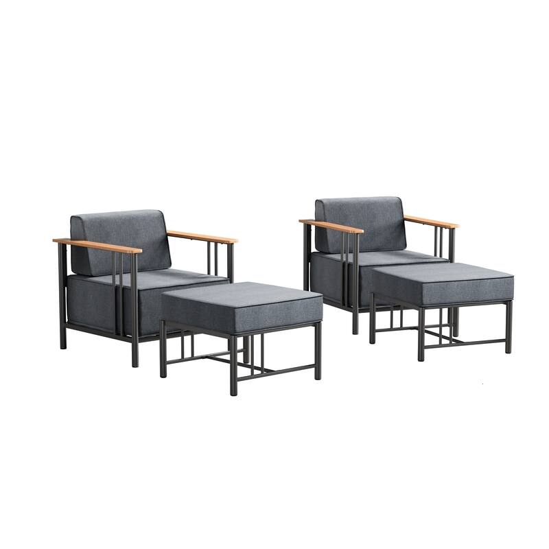 Outdoor Patio Funiture Set with Extra-Thick Seat cushion - Black & Dark Grey Cushion - 4PCS Patio Chairs with Ottoman