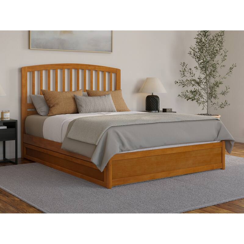 Lucia Platform Bed with Panel Footboard and Twin XL Trundle - Light Toffee - Queen