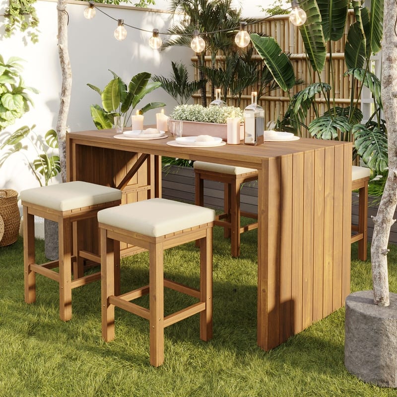 5 Piece Outdoor Bar Set, Patio Acacia Wood Dining Bar Set for Backyard