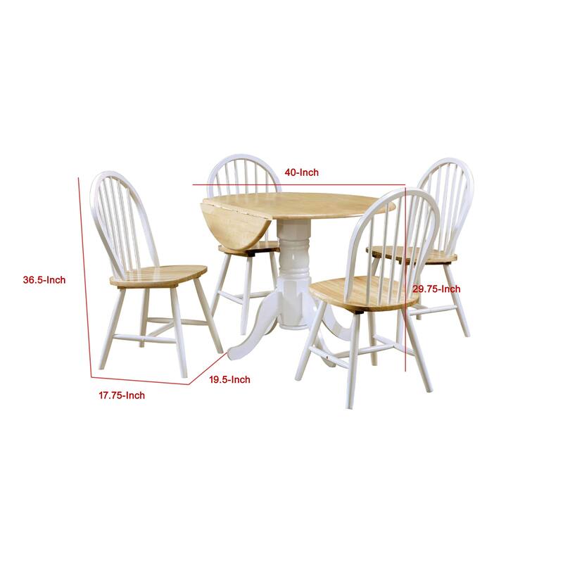 Giva Round Dining Table and 4 Chairs Set, Drop-Leaf, White and Brown