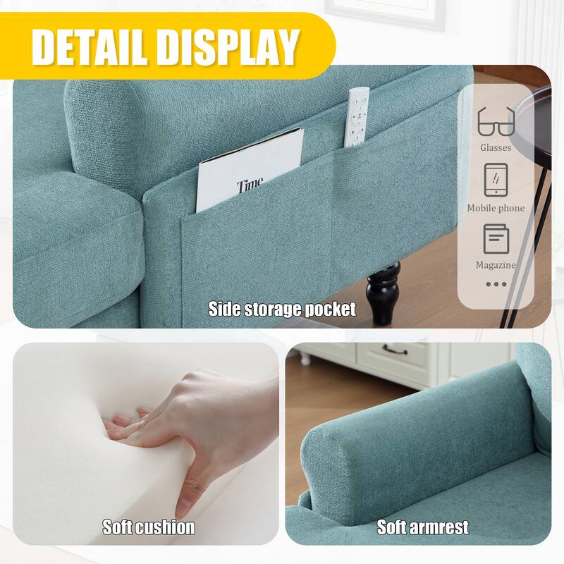 Modern Chaise Lounge Single Sofa Chair, Chenille Fabric Recliner Armchair with Side Pockets and Wooden Legs