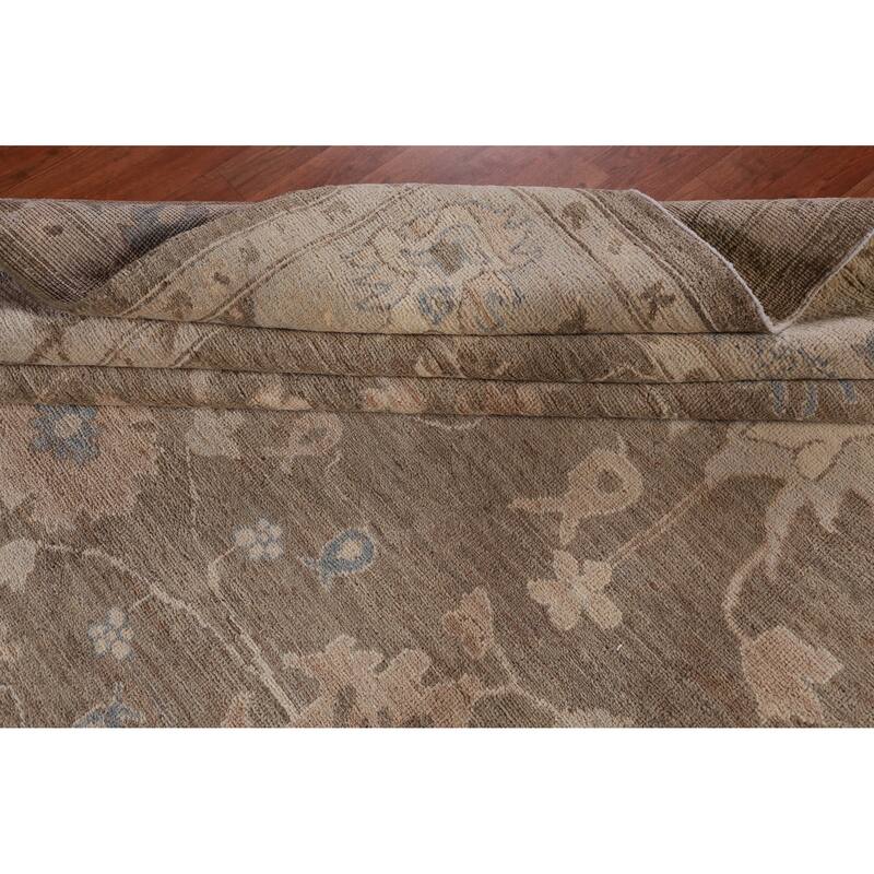 Hand Knotted Oriental 100% Wool Carpet Transitional Floral Brown Oushak Area Rug - 12' 0'' X 9' 4''
