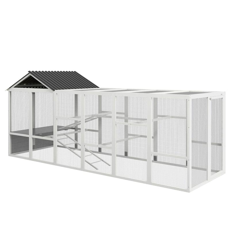 PawHut Wooden Chicken Coop Run for 6 - 10 Chickens, Hen House Add-On with Storage, Perches, 141.75" x 48" x 61" - Grey