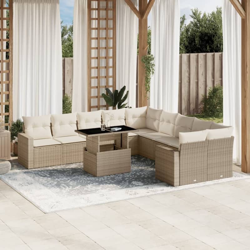 vidaXL Patio Sofa Set with Cushions Outdoor Furniture 11 Piece Poly Rattan - 21.7 x 39.4 x 28.7 - Beige and Cream