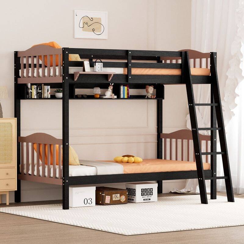 Twin Over Twin Solid Wood Bunk Bed for Kids and Adults, No Box Spring Required - Black and Brown /Shelves - Twin