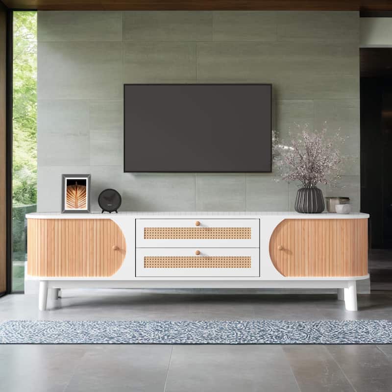 Rattan TV Stand for TVs up to 75"Modern Farmhouse Media Console,Entertainment Center with Solid Wood Legs