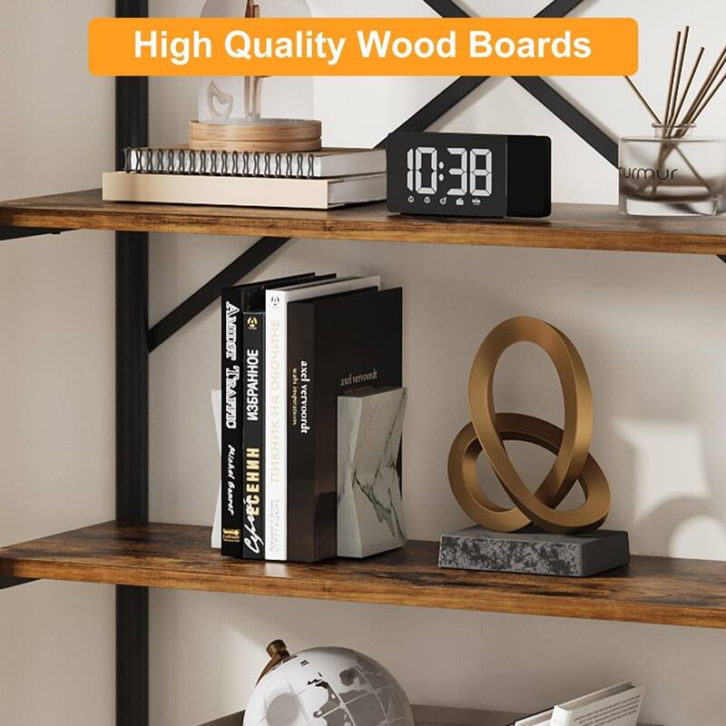 5-Tier Rustic Bookshelf with Metal Frame & Storage Drawer Open Bookcase