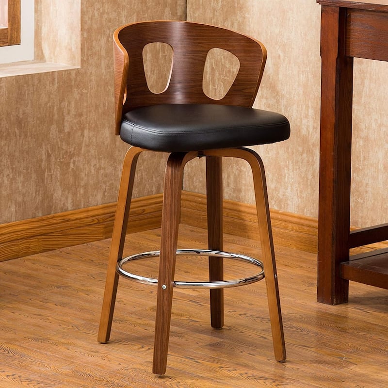Wood and Black Faux Leather Mid-Century Modern Swivel Barstool with Decorative Back 26-Inch Seat Height - Black